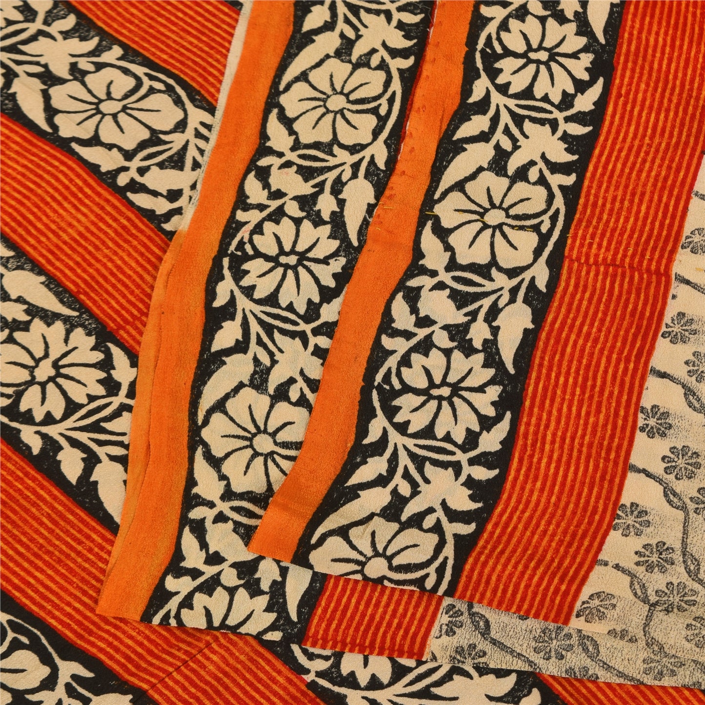 Sanskriti Vintage Sarees Ivory Kalamkari Print Pure Crepe Sari 5+yd Craft Sustainable Fabric