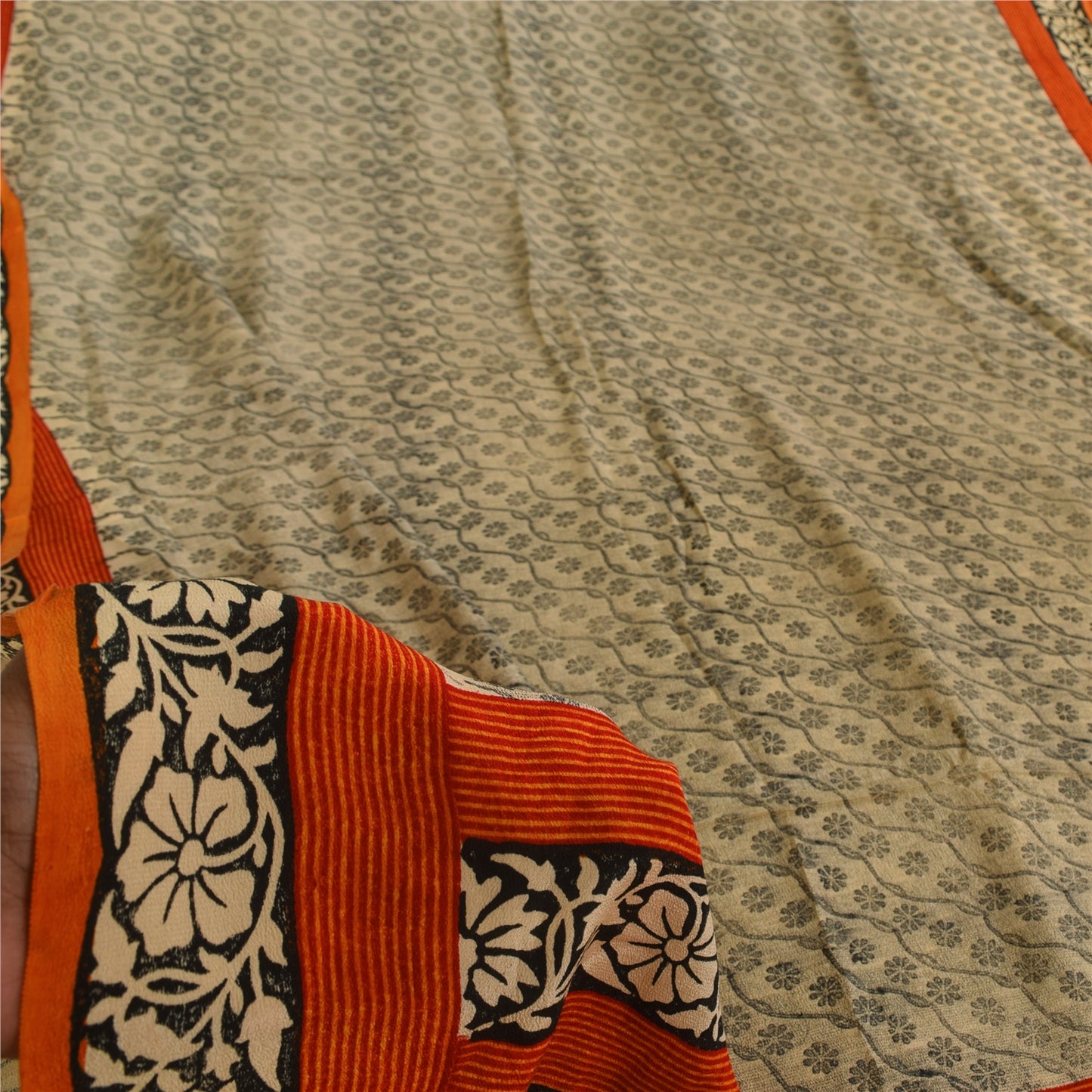 Sanskriti Vintage Sarees Ivory Kalamkari Print Pure Crepe Sari 5+yd Craft Sustainable Fabric