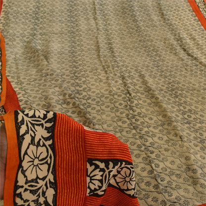 Sanskriti Vintage Sarees Ivory Kalamkari Print Pure Crepe Sari 5+yd Craft Sustainable Fabric