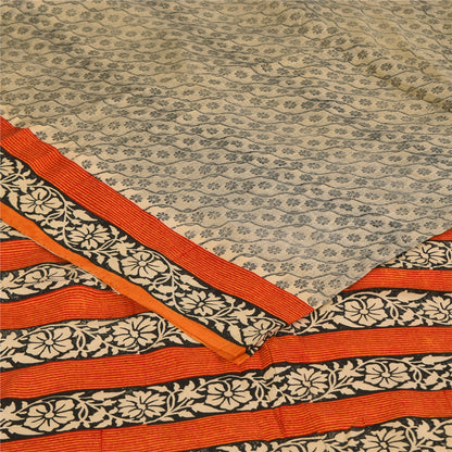 Sanskriti Vintage Sarees Ivory Kalamkari Print Pure Crepe Sari 5+yd Craft Sustainable Fabric