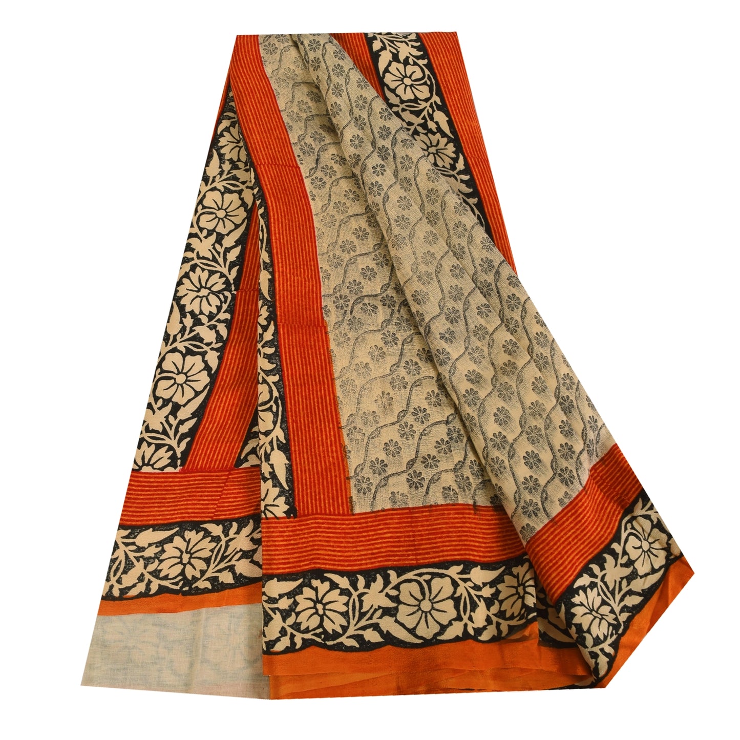 Sanskriti Vintage Sarees Ivory Kalamkari Print Pure Crepe Sari 5+yd Craft Sustainable Fabric