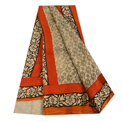 Sanskriti Vintage Sarees Ivory Kalamkari Print Pure Crepe Sari 5+yd Craft Sustainable Fabric
