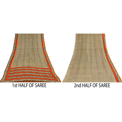 Sanskriti Vintage Sarees Ivory Kalamkari Print Pure Crepe Sari 5+yd Craft Sustainable Fabric