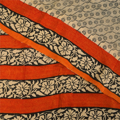 Sanskriti Vintage Sarees Ivory Kalamkari Print Pure Crepe Sari 5+yd Craft Sustainable Fabric