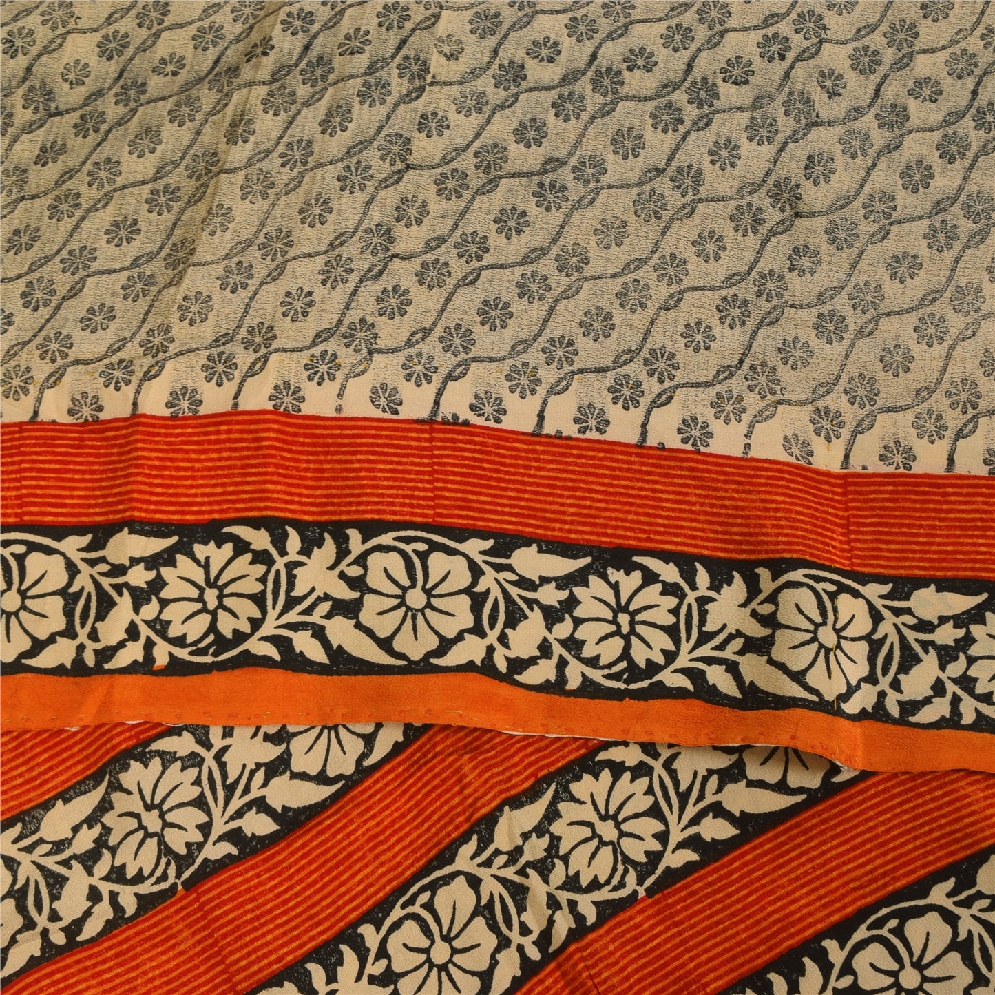 Sanskriti Vintage Sarees Ivory Kalamkari Print Pure Crepe Sari 5+yd Craft Sustainable Fabric