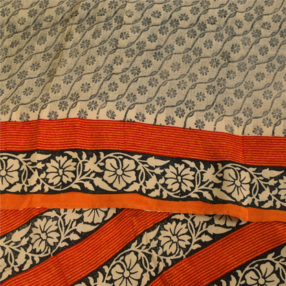 Sanskriti Vintage Sarees Ivory Kalamkari Print Pure Crepe Sari 5+yd Craft Sustainable Fabric