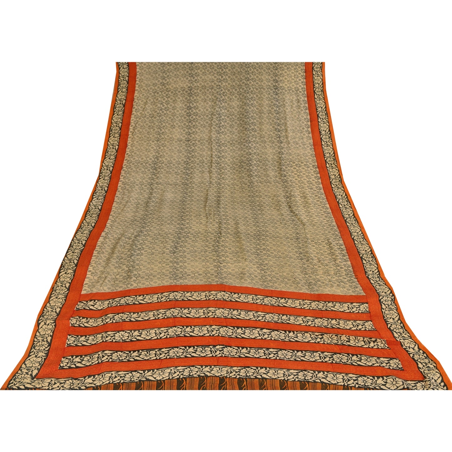 Sanskriti Vintage Sarees Ivory Kalamkari Print Pure Crepe Sari 5+yd Craft Sustainable Fabric