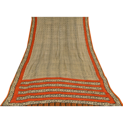 Sanskriti Vintage Sarees Ivory Kalamkari Print Pure Crepe Sari 5+yd Craft Sustainable Fabric