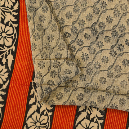 Sanskriti Vintage Sarees Ivory Kalamkari Print Pure Crepe Sari 5+yd Craft Sustainable Fabric