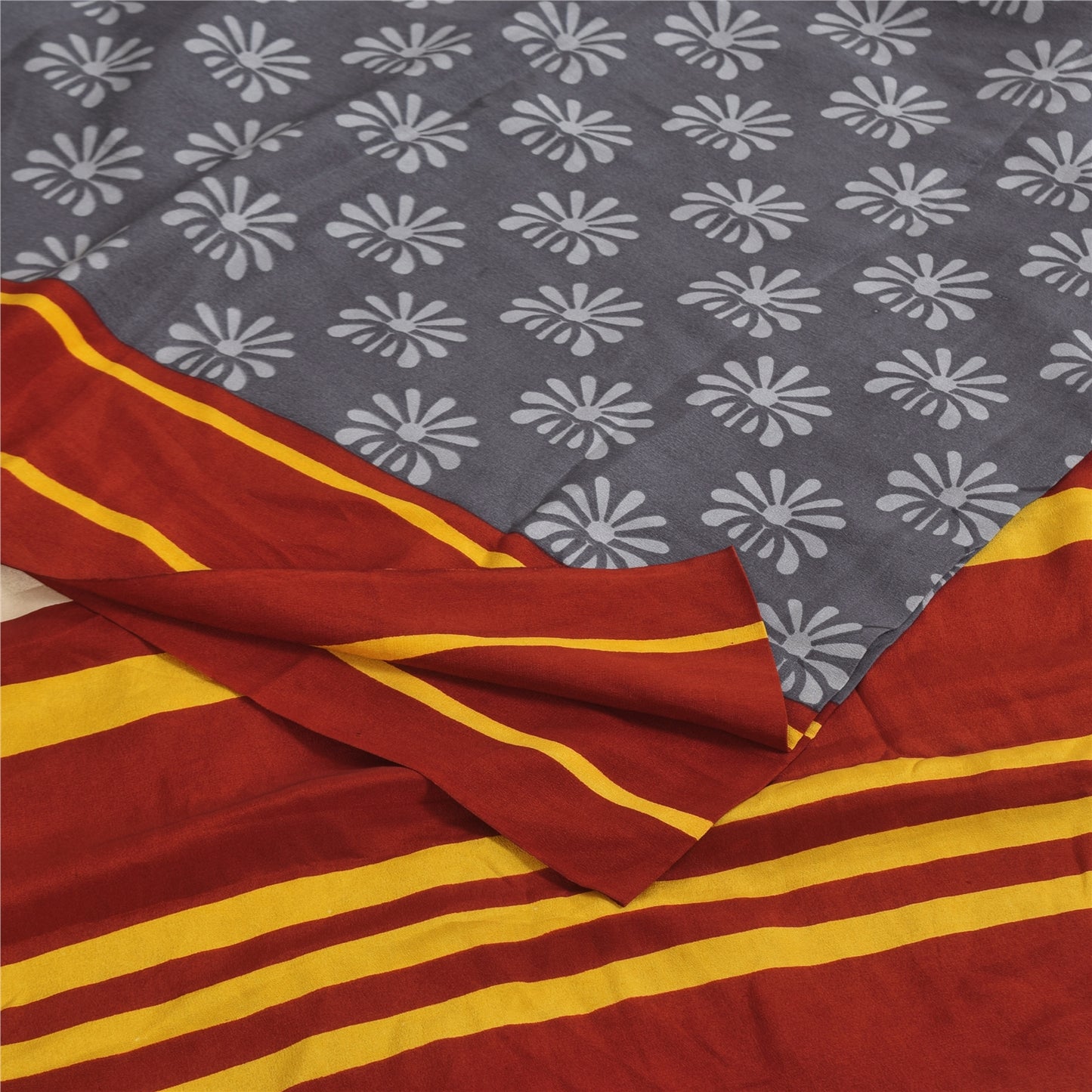 Sanskriti Vintage Sarees Gray Pure Crepe Silk Printed Sari 5+yd Craft Sustainable Fabric