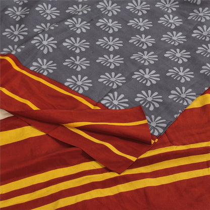 Sanskriti Vintage Sarees Gray Pure Crepe Silk Printed Sari 5+yd Craft Sustainable Fabric