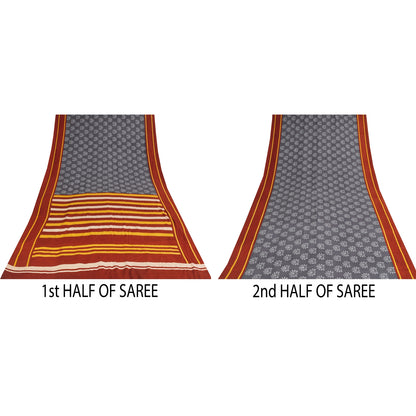 Sanskriti Vintage Sarees Gray Pure Crepe Silk Printed Sari 5+yd Craft Sustainable Fabric