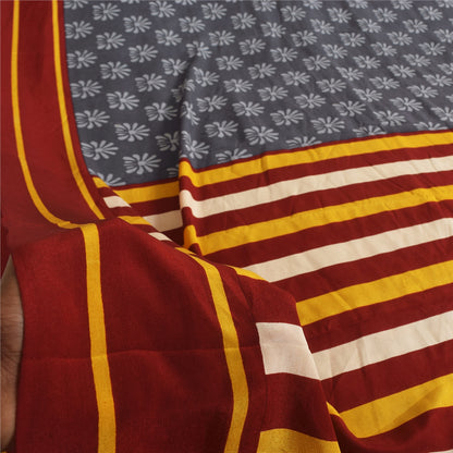 Sanskriti Vintage Sarees Gray Pure Crepe Silk Printed Sari 5+yd Craft Sustainable Fabric