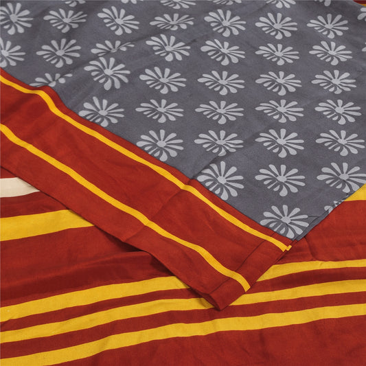 Sanskriti Vintage Sarees Gray Pure Crepe Silk Printed Sari 5+yd Craft Sustainable Fabric