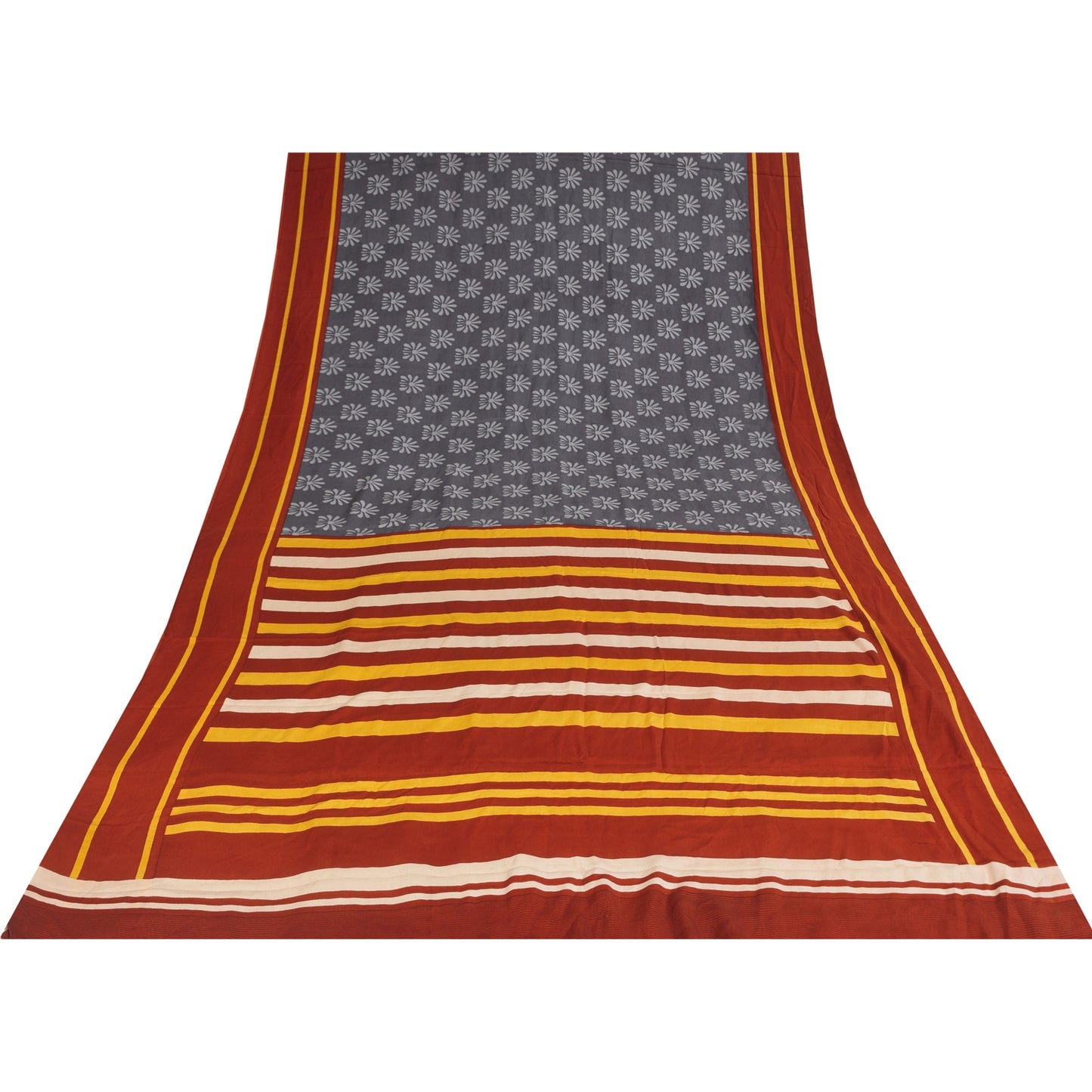 Sanskriti Vintage Sarees Gray Pure Crepe Silk Printed Sari 5+yd Craft Sustainable Fabric