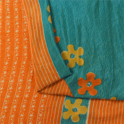 Сари Sanskriti Vintage, чистый креп, оранжевый/синий, напечатанный, сари, 5+ ярдов, ткань для рукоделия, устойчивая к истиранию