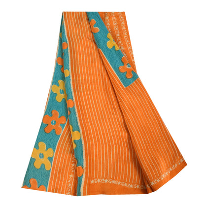 Сари Sanskriti Vintage, чистый креп, оранжевый/синий, напечатанный, сари, 5+ ярдов, ткань для рукоделия, устойчивая к истиранию