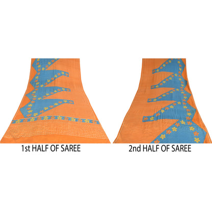 Сари Sanskriti Vintage, чистый креп, оранжевый/синий, напечатанный, сари, 5+ ярдов, ткань для рукоделия, устойчивая к истиранию