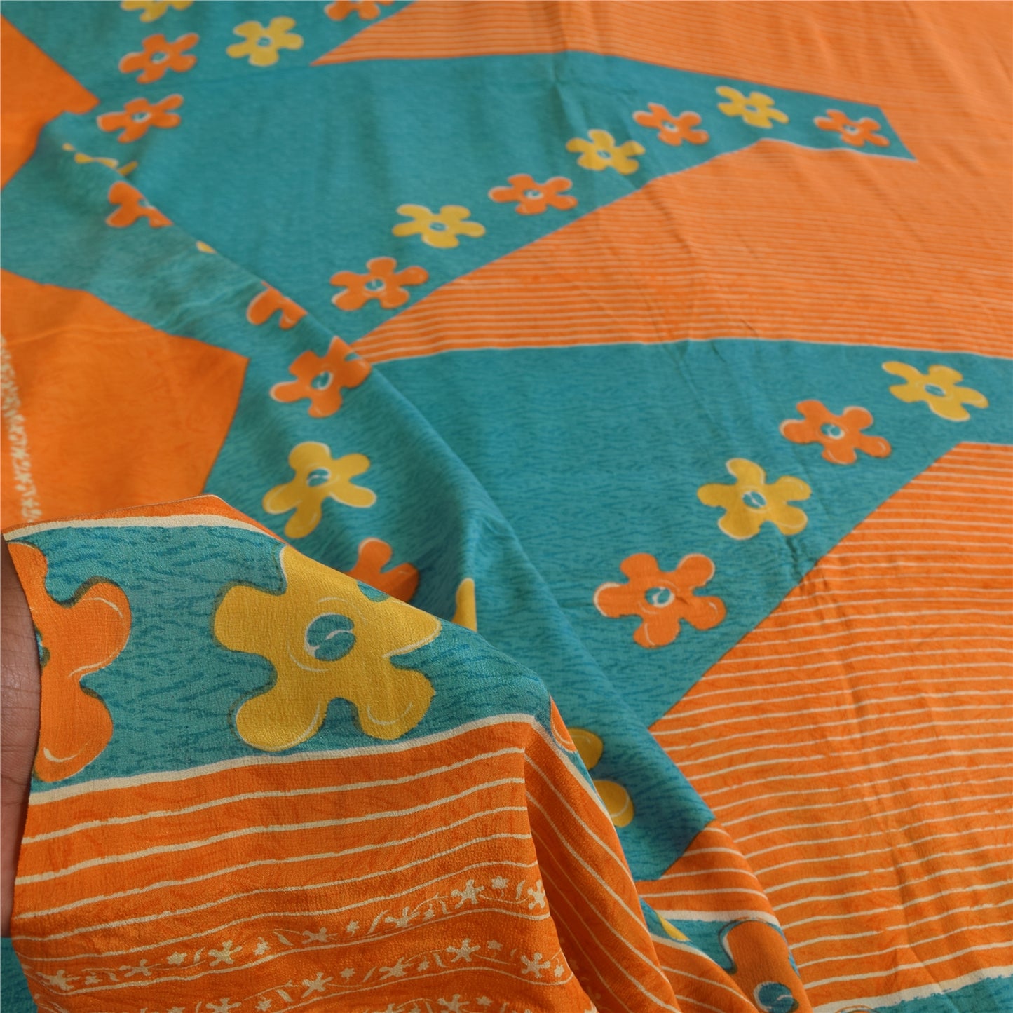 Сари Sanskriti Vintage, чистый креп, оранжевый/синий, напечатанный, сари, 5+ ярдов, ткань для рукоделия, устойчивая к истиранию