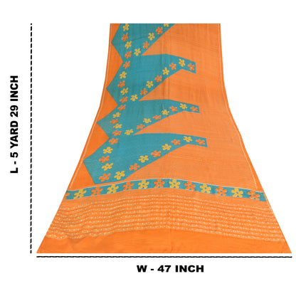 Сари Sanskriti Vintage, чистый креп, оранжевый/синий, напечатанный, сари, 5+ ярдов, ткань для рукоделия, устойчивая к истиранию