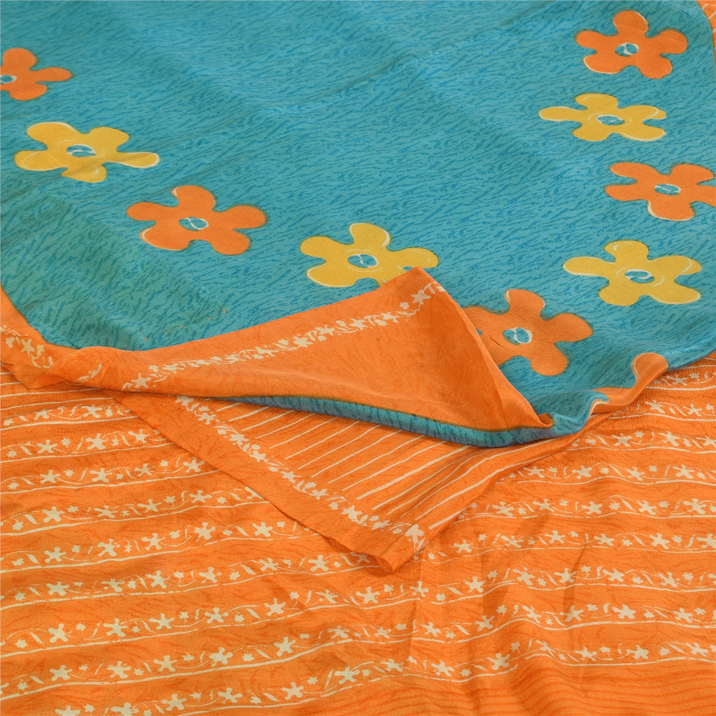 Сари Sanskriti Vintage, чистый креп, оранжевый/синий, напечатанный, сари, 5+ ярдов, ткань для рукоделия, устойчивая к истиранию