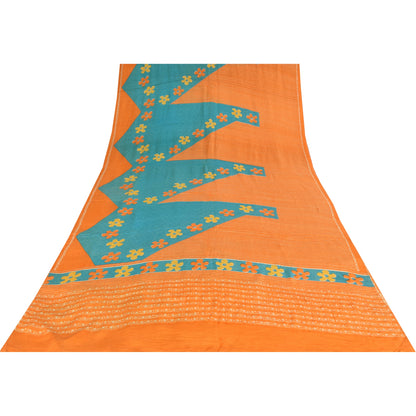 Сари Sanskriti Vintage, чистый креп, оранжевый/синий, напечатанный, сари, 5+ ярдов, ткань для рукоделия, устойчивая к истиранию