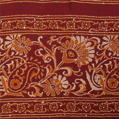 Sanskriti Vintage Sarees Red Hand Beads Kantha Pure Crepe Sari 5+yd Craft Sustainable Fabric