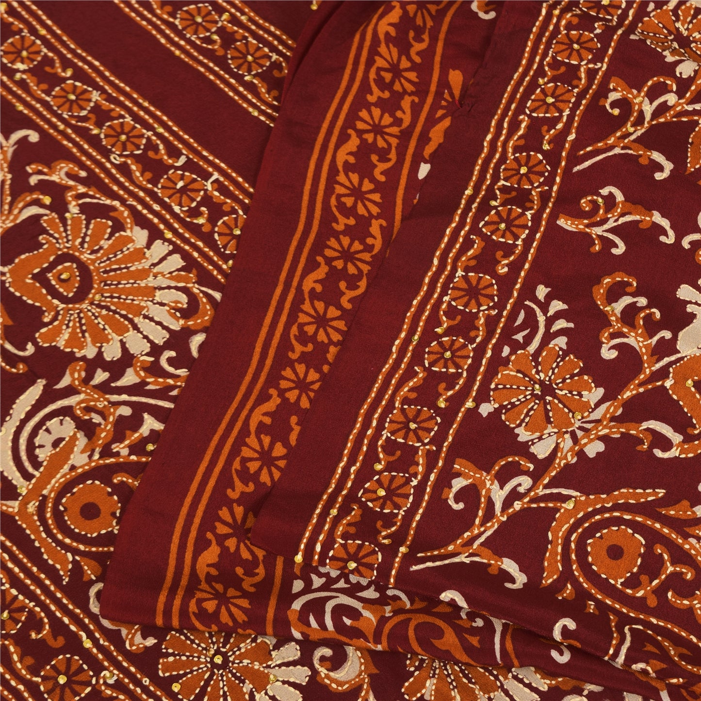 Sanskriti Vintage Sarees Red Hand Beads Kantha Pure Crepe Sari 5+yd Craft Sustainable Fabric