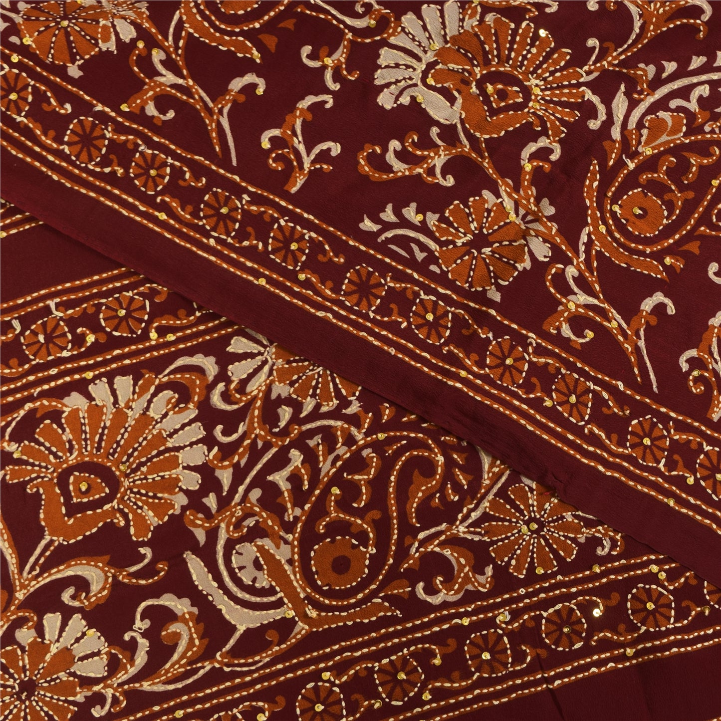 Sanskriti Vintage Sarees Red Hand Beads Kantha Pure Crepe Sari 5+yd Craft Sustainable Fabric