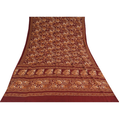 Sanskriti Vintage Sarees Red Hand Beads Kantha Pure Crepe Sari 5+yd Craft Sustainable Fabric