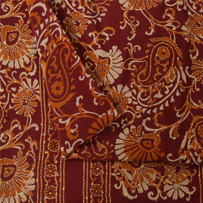 Sanskriti Vintage Sarees Red Hand Beads Kantha Pure Crepe Sari 5+yd Craft Sustainable Fabric