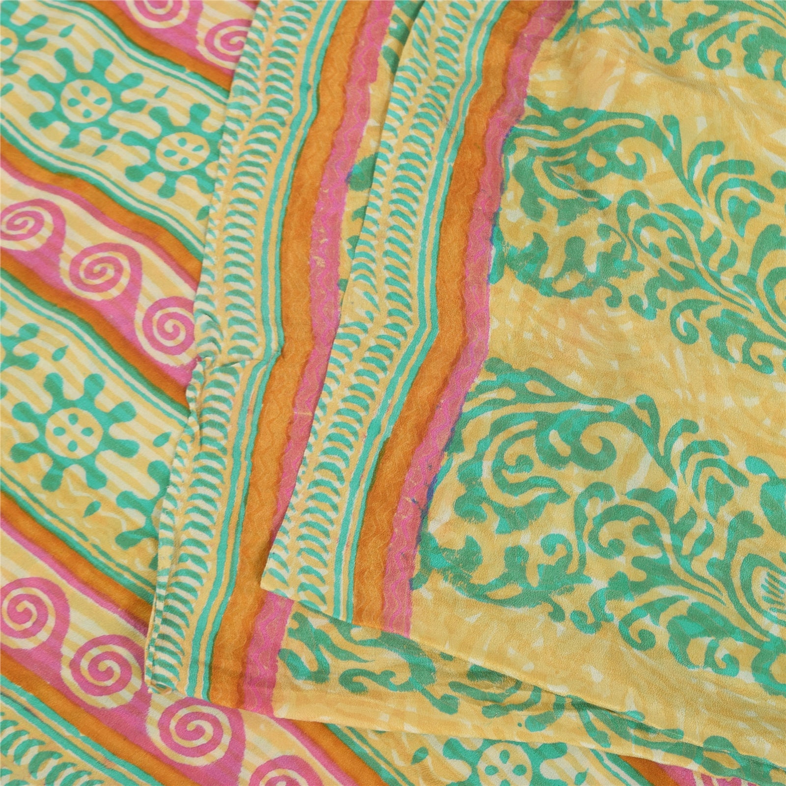 Sanskriti Vintage Sarees Green/Cream Hand Block Printed Pure Crepe Sari Sustainable Fabric