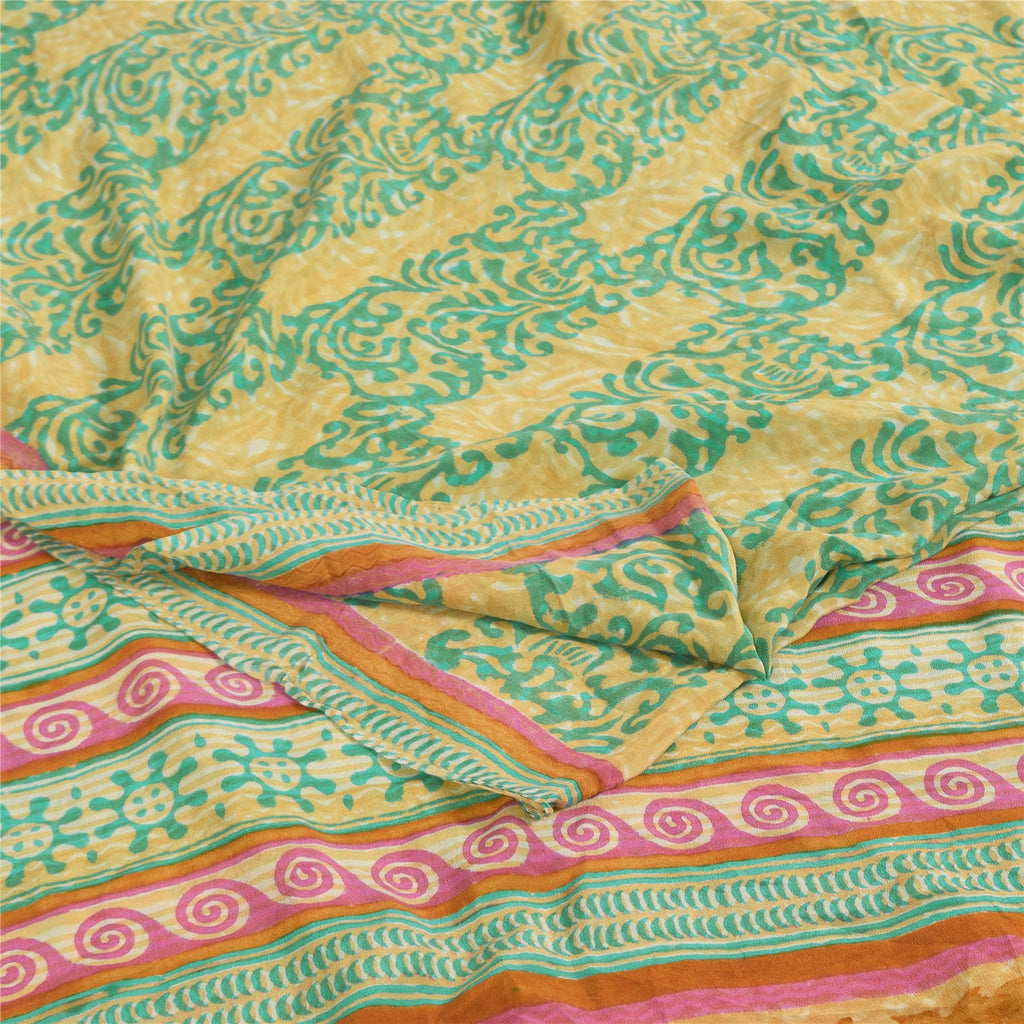 Sanskriti Vintage Sarees Green/Cream Hand Block Printed Pure Crepe Sari Sustainable Fabric