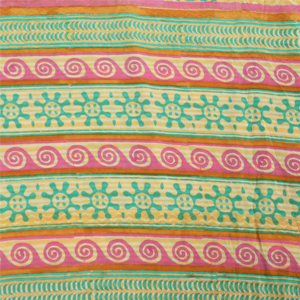 Sanskriti Vintage Sarees Green/Cream Hand Block Printed Pure Crepe Sari Sustainable Fabric