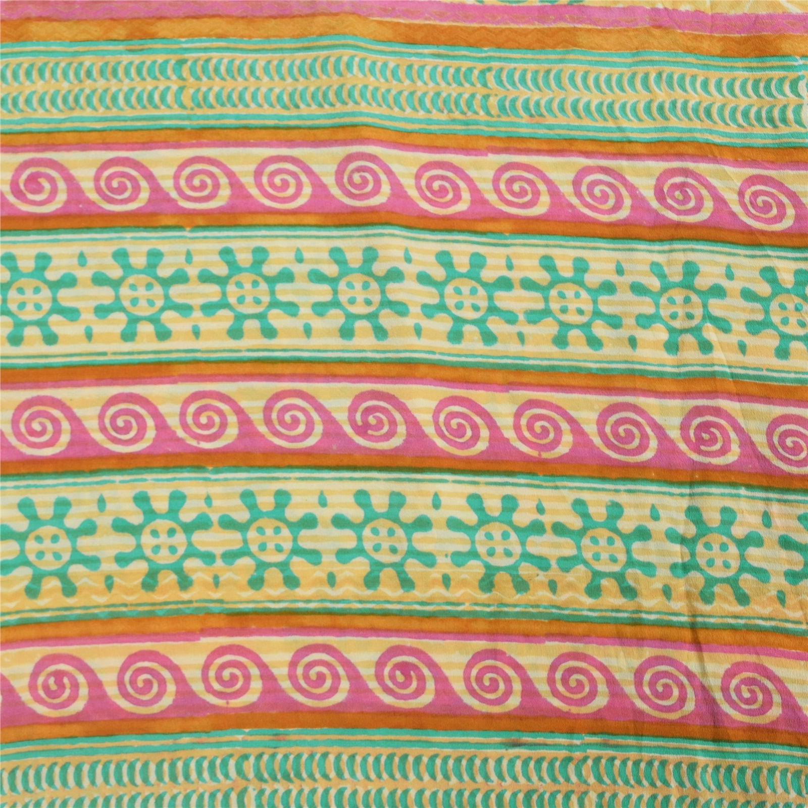 Sanskriti Vintage Sarees Green/Cream Hand Block Printed Pure Crepe Sari Sustainable Fabric