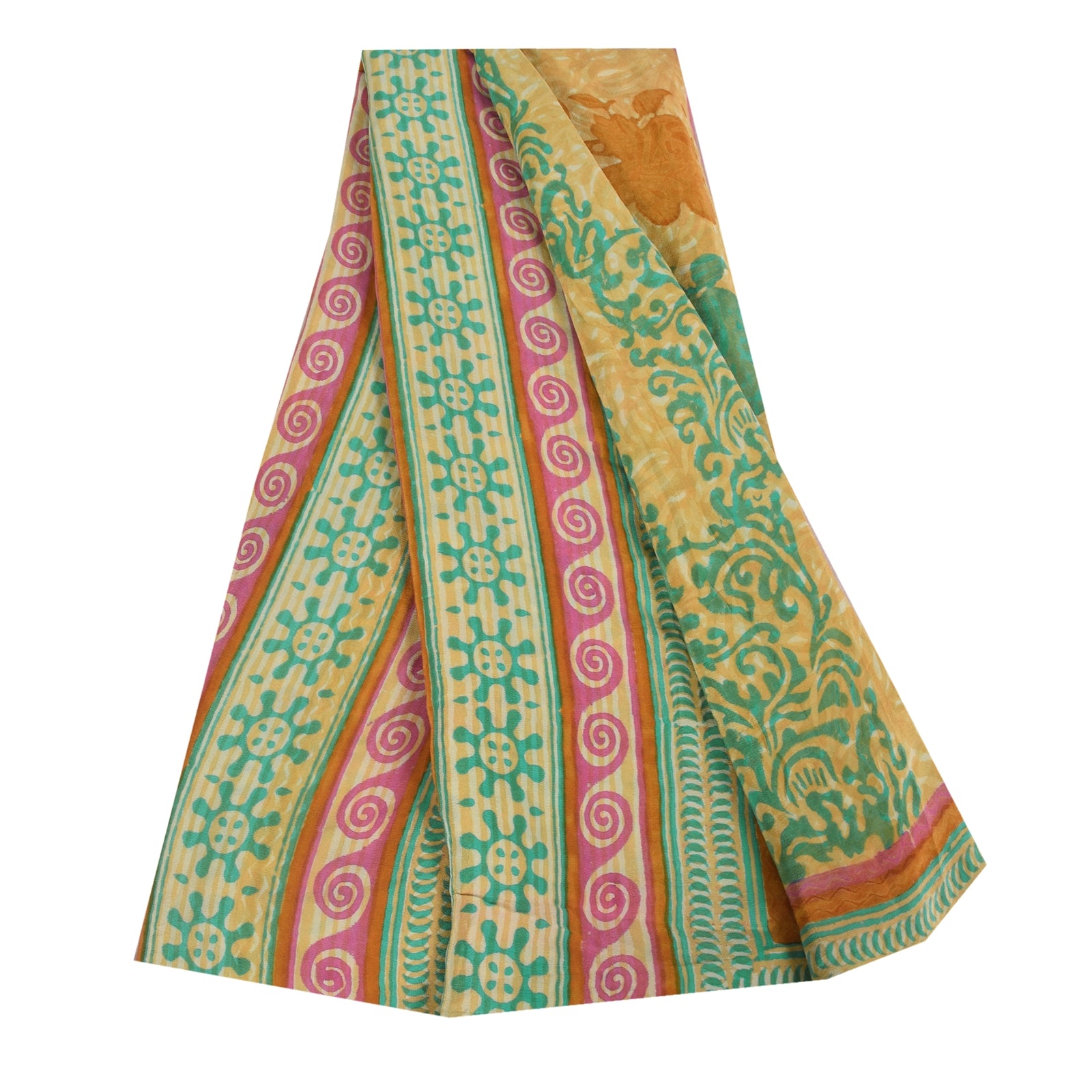 Sanskriti Vintage Sarees Green/Cream Hand Block Printed Pure Crepe Sari Sustainable Fabric