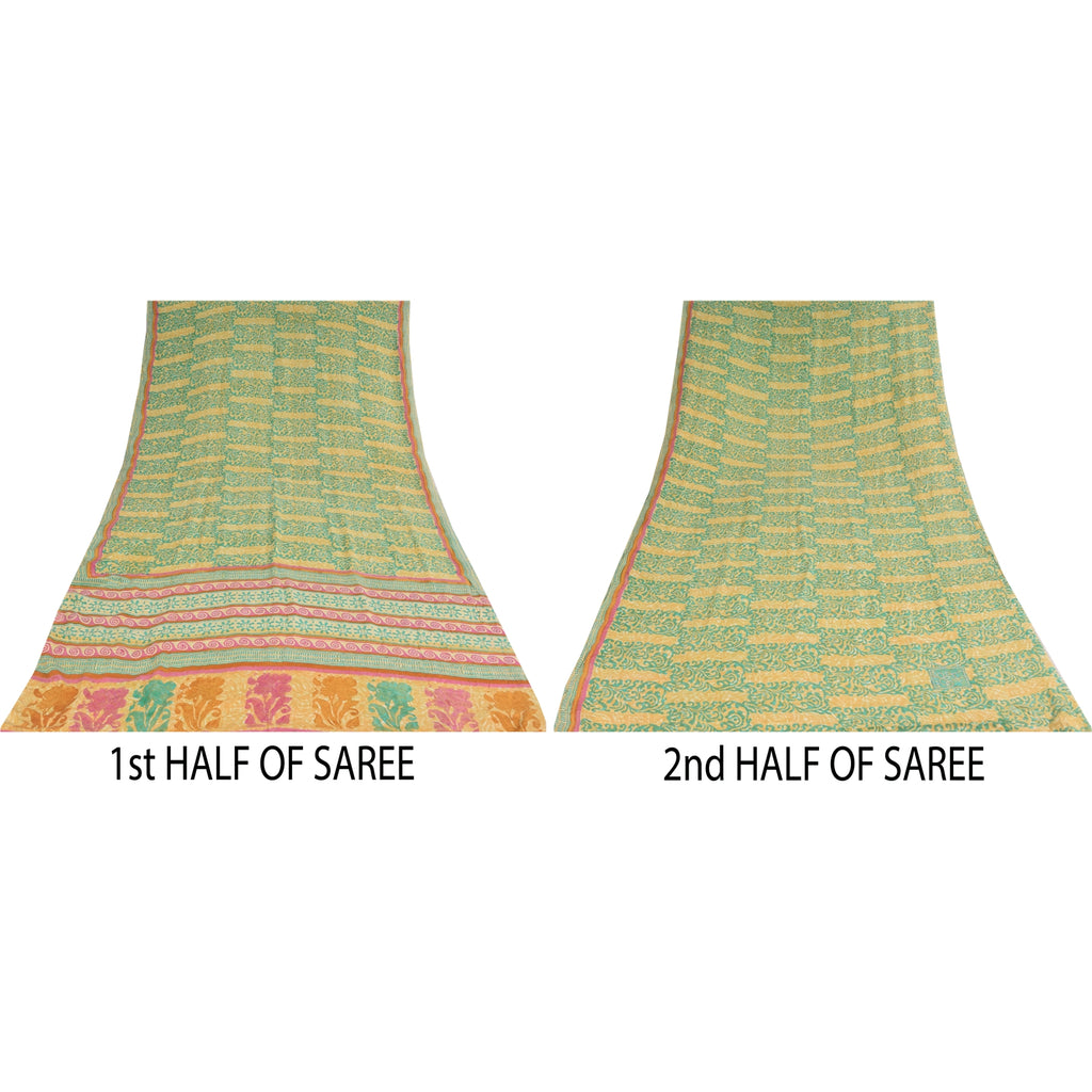 Sanskriti Vintage Sarees Green/Cream Hand Block Printed Pure Crepe Sari Sustainable Fabric