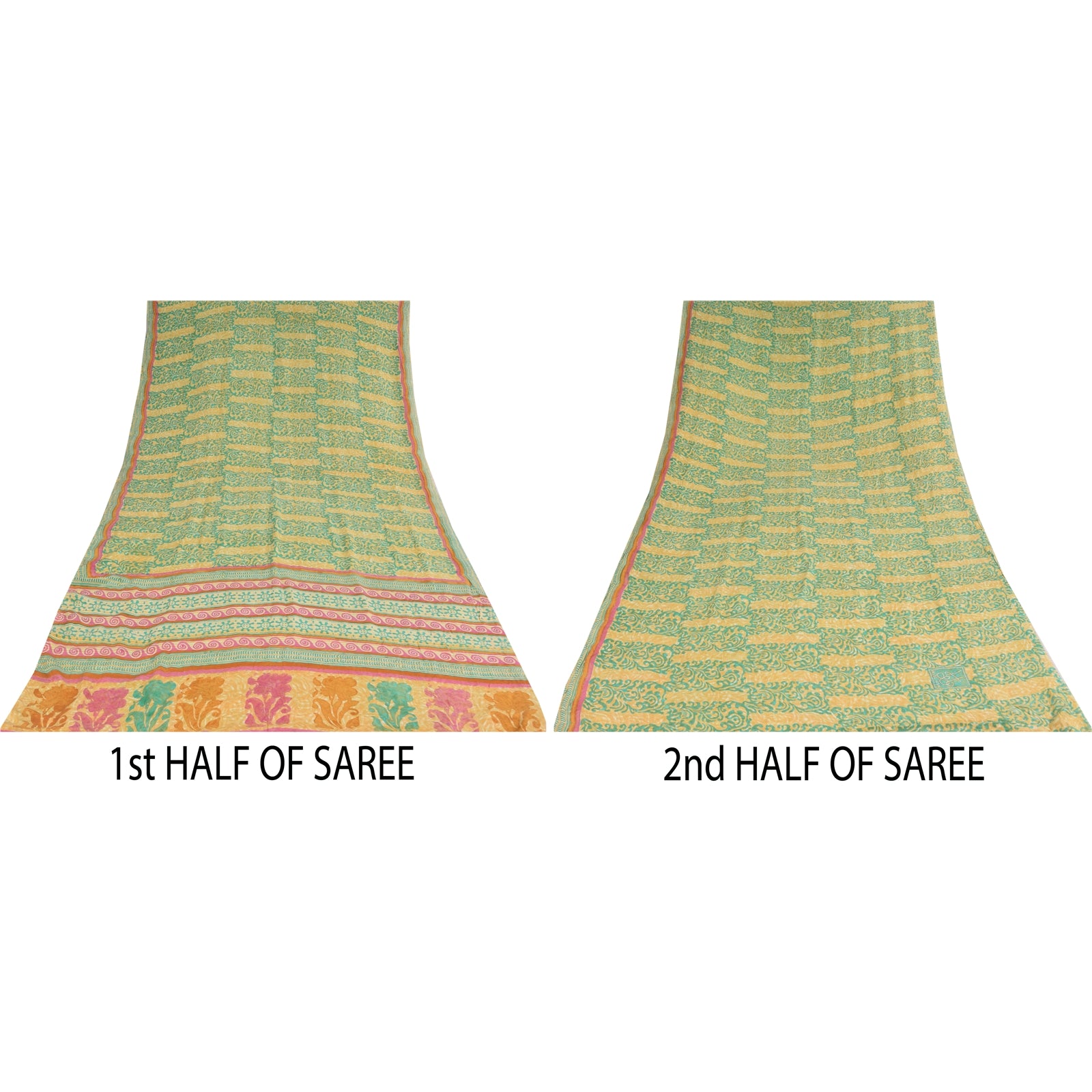 Sanskriti Vintage Sarees Green/Cream Hand Block Printed Pure Crepe Sari Sustainable Fabric