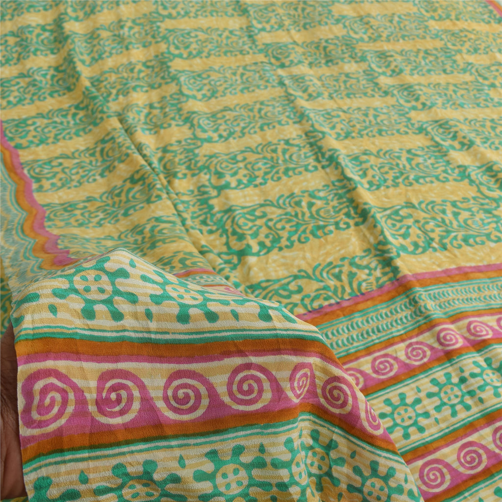 Sanskriti Vintage Sarees Green/Cream Hand Block Printed Pure Crepe Sari Sustainable Fabric