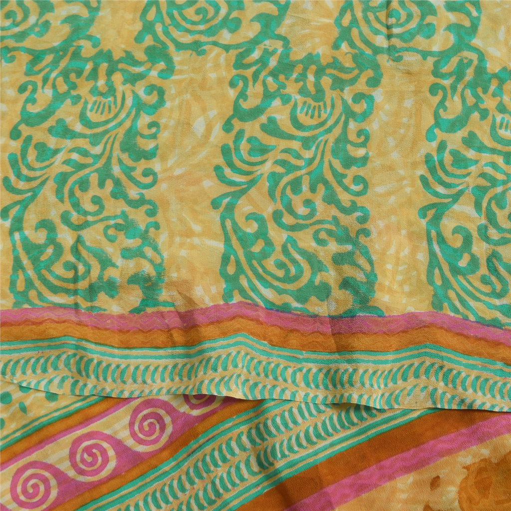 Sanskriti Vintage Sarees Green/Cream Hand Block Printed Pure Crepe Sari Sustainable Fabric