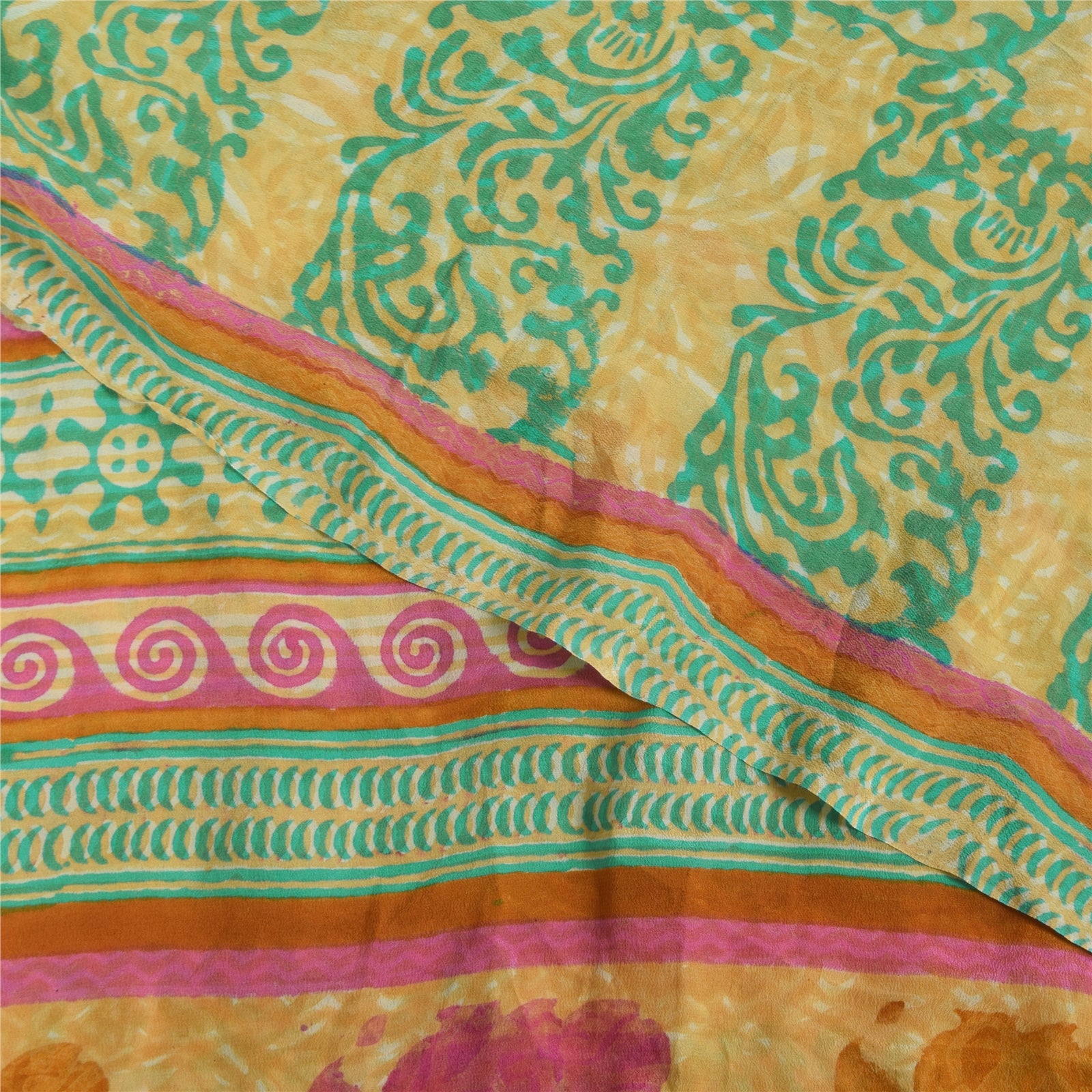 Sanskriti Vintage Sarees Green/Cream Hand Block Printed Pure Crepe Sari Sustainable Fabric