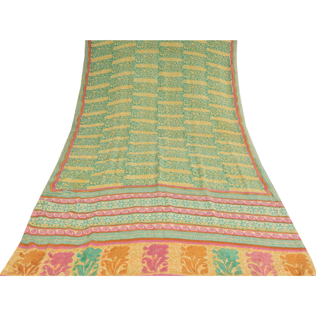 Sanskriti Vintage Sarees Green/Cream Hand Block Printed Pure Crepe Sari Sustainable Fabric