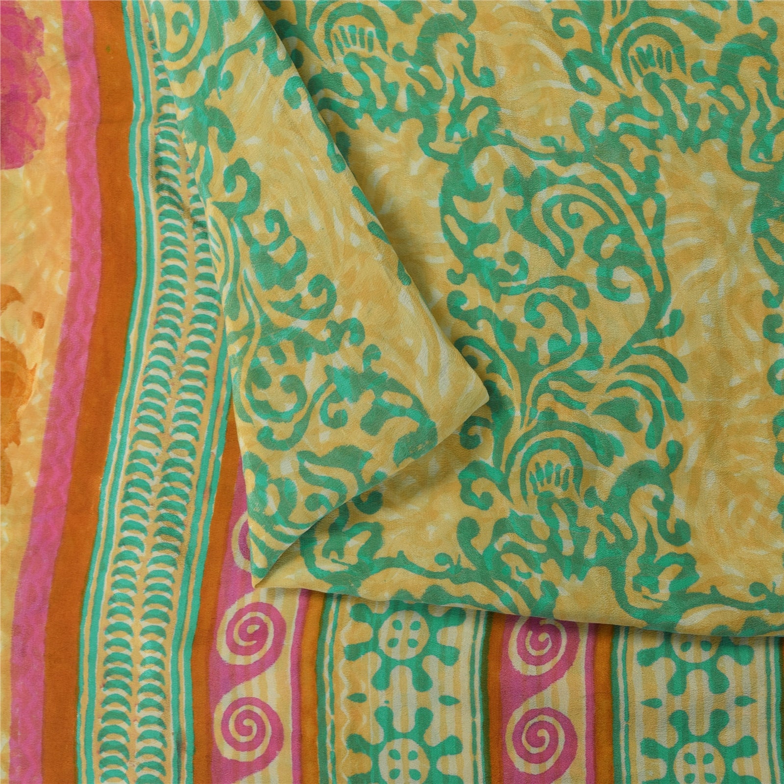 Sanskriti Vintage Sarees Green/Cream Hand Block Printed Pure Crepe Sari Sustainable Fabric