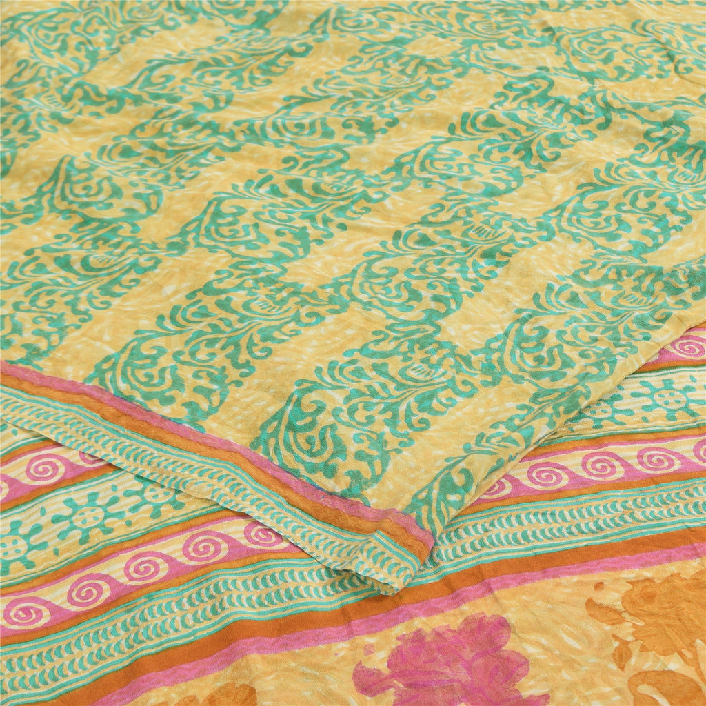 Sanskriti Vintage Sarees Green/Cream Hand Block Printed Pure Crepe Sari Sustainable Fabric