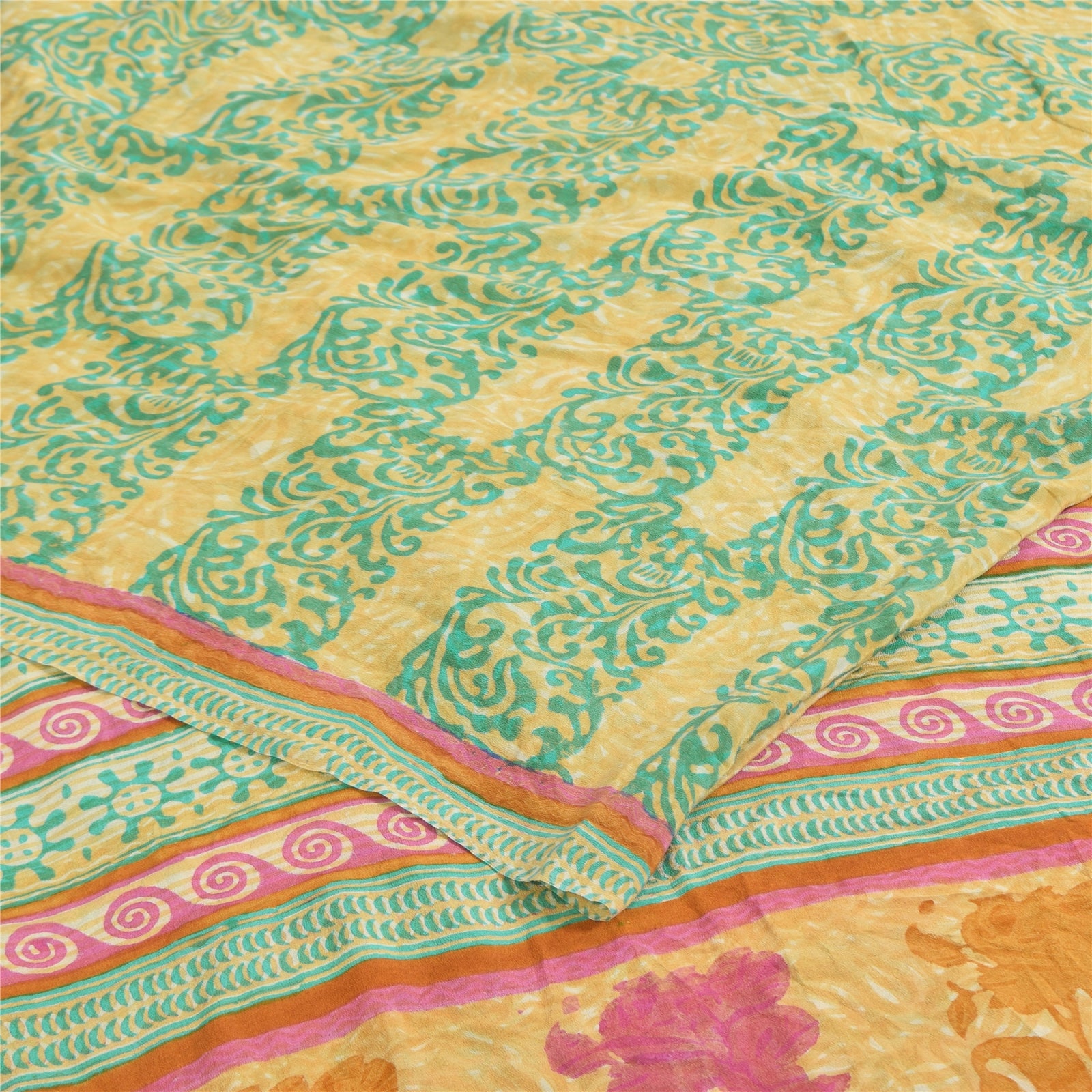 Sanskriti Vintage Sarees Green/Cream Hand Block Printed Pure Crepe Sari Sustainable Fabric