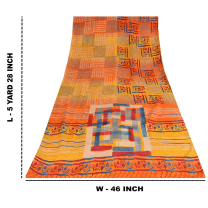 Sanskriti Vintage Sarees Multi Pure Crepe Silk Printed Sari 5+yd Craft Sustainable Fabric