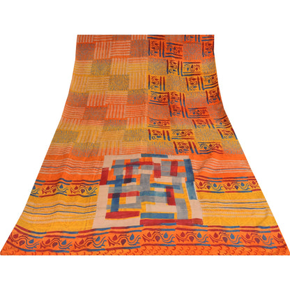 Sanskriti Vintage Sarees Multi Pure Crepe Silk Printed Sari 5+yd Craft Sustainable Fabric