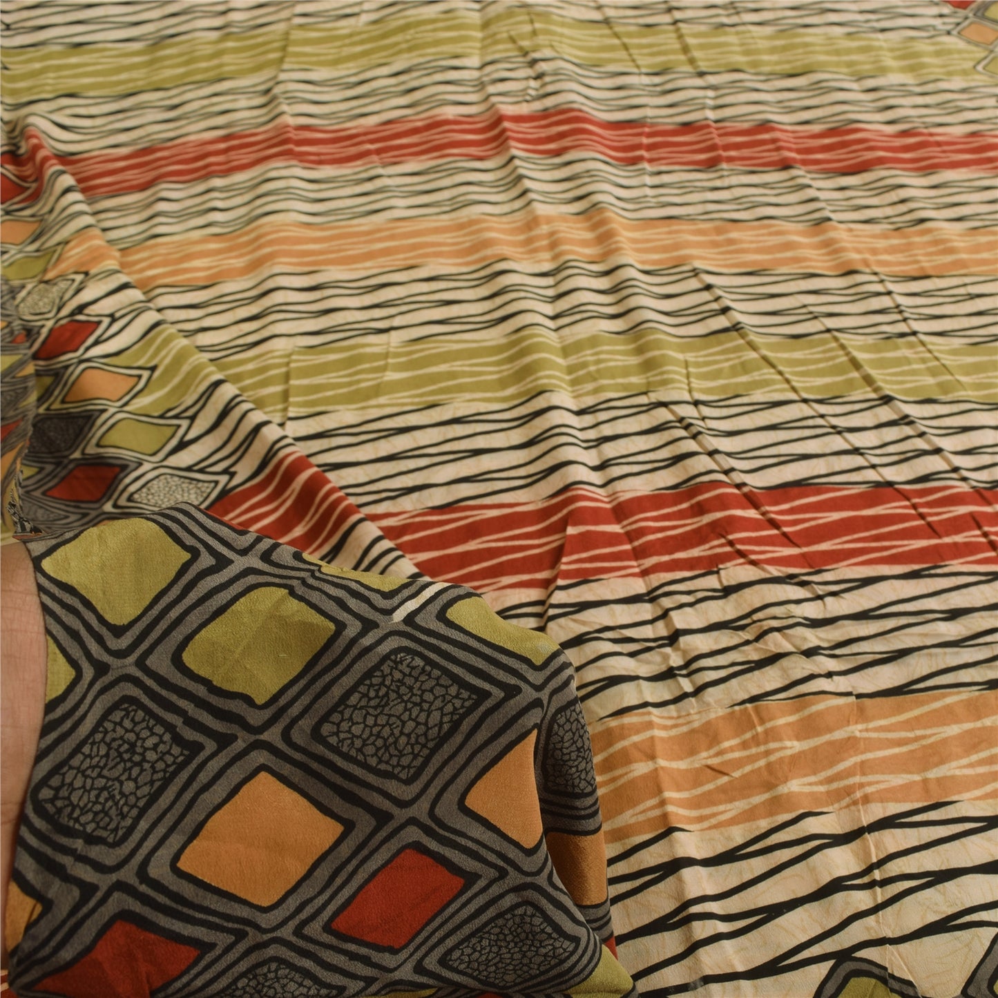 Sanskriti Vintage Sarees Multi Pure Crepe Silk Printed Sari 5+yd Craft Sustainable Fabric