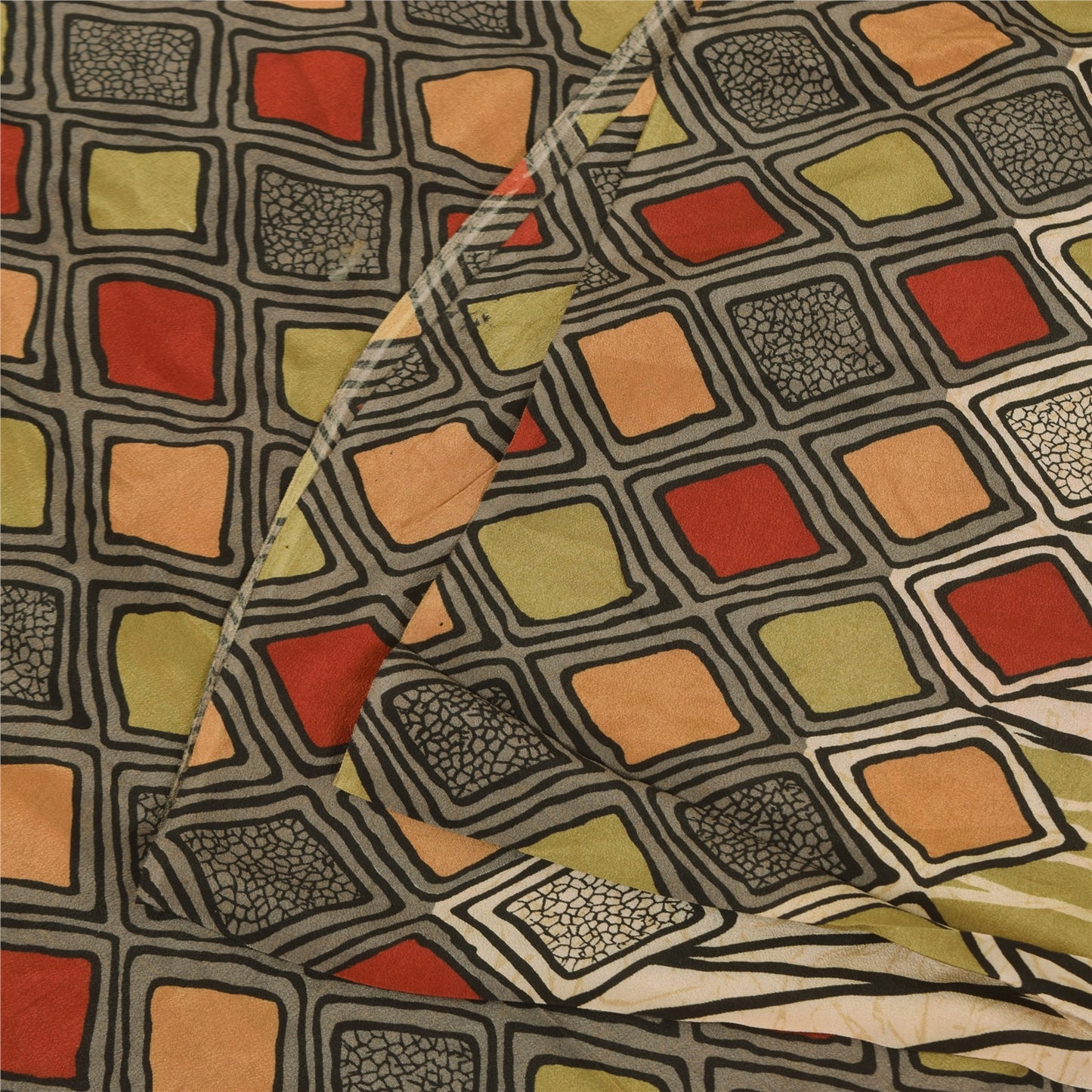 Sanskriti Vintage Sarees Multi Pure Crepe Silk Printed Sari 5+yd Craft Sustainable Fabric