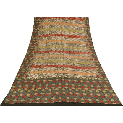 Sanskriti Vintage Sarees Multi Pure Crepe Silk Printed Sari 5+yd Craft Sustainable Fabric